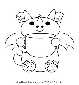 Cute cartoon dragon with large mug in black and white