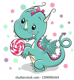 Cute Cartoon Dragon with lollipop on a white background