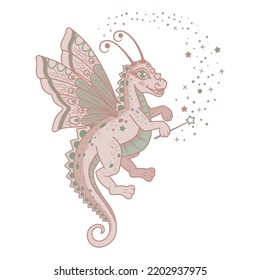 Cute cartoon dragon. Magic fairy. Children's print for posters. Animal mascot. Vector illustration
