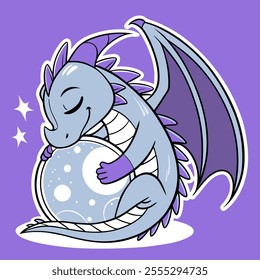 Cute Cartoon Dragon with Moon - Vector Illustration - EPS File - Kids' Design.