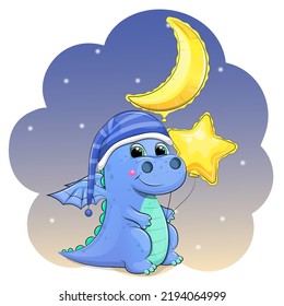A cute cartoon dragon in a nightcap is holding a star and moon balloons. Night animal vector illustration on a blue background.