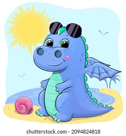 Cute cartoon dragon the beach  Summer vector illustration and animal  sun  sea   shell 