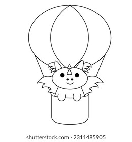 Cute cartoon Dragon on hot air balloon in black and white