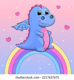 Cute cartoon dragon on a rainbow. Vector illustration with animals on a pink and purple background.