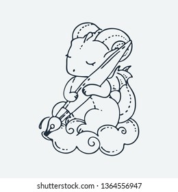 Cute cartoon dragon with pen. Vector clip art illustration for children design, cards, prints, coloring books. Grungy kawaii image