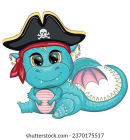 Cute cartoon dragon pirate in a cocked hat. Symbol of 2024 according to the Chinese calendar
