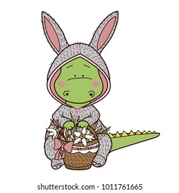 Cute cartoon dragon in a rabbit costume. Holds a basket of flowers. Vector character.