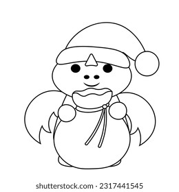 Cute cartoon Dragon Santa Claus in black and white