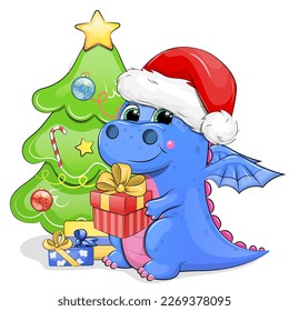 A cute cartoon dragon in a Santa hat holds a gift and stands next to the Christmas tree. Christmas animal vector illustration isolated on white background.