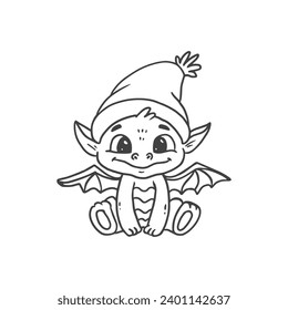 Cute cartoon dragon with Santa Hat 2024, Happy Chinese new year. Doodle style. Coloring. Vector illustration