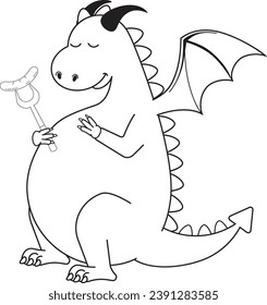 Cute cartoon dragon with sausage on fork.