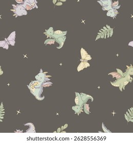 Cute Cartoon Dragon Seamless Pattern, Vector Whimsical Texture