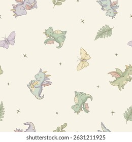 Cute Cartoon Dragon Seamless Pattern, Vector Whimsical Texture