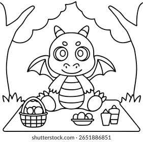 A cute cartoon dragon sits on a picnic blanket outdoors with a basket of eggs, a bowl of fruit, and drinks. Trees and grass surround the scene.