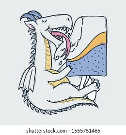 Cute cartoon dragon with taste ice-cream, doodle childish vector illustration.