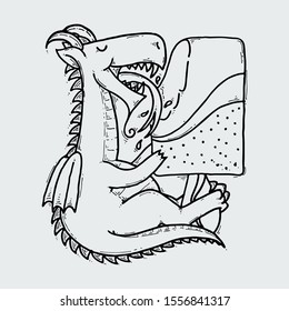 Cute cartoon dragon with taste ice-cream, doodle childish vector illustration.