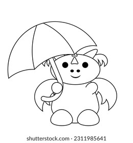 Cute cartoon dragon with umbrella and boot in black and white