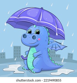 Cute cartoon dragon and an umbrella in the rain  Vector illustration an animal blue background and raindrops   puddles 