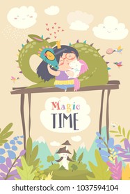 Cute cartoon dragon, unicorn and little princess
