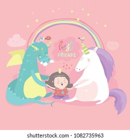 Cute cartoon dragon, unicorn and little girl