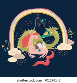 Cute cartoon dragon, unicorn and little princess