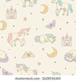 Cute Cartoon Dragon and Unicorn Seamless Pattern, Whimsical Vector Character