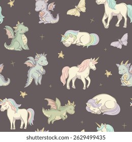 Cute Cartoon Dragon and Unicorn Seamless Pattern, Whimsical Vector Character