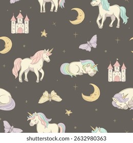 Cute Cartoon Dragon and Unicorn Seamless Pattern, Whimsical Vector Character