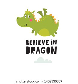 Cute cartoon dragon. Vector illustration with funny dragon baby.