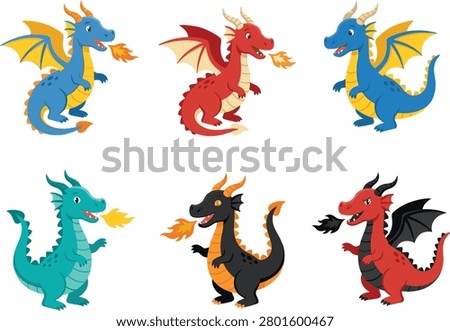 Cute Cartoon Dragon Vector Set – Colorful Fire‑Breathing Fantasy Creatures