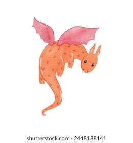 Cute cartoon dragon. Vector watercolor hand drawn illustration.