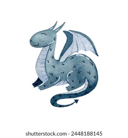 Cute cartoon dragon. Vector watercolor hand drawn illustration.