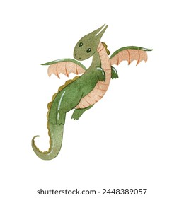 Cute cartoon dragon. Vector watercolor hand drawn illustration.