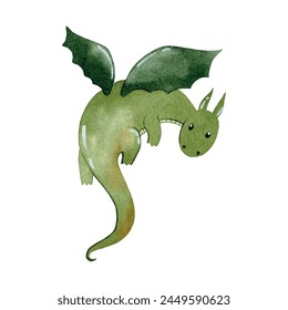 Cute cartoon dragon. Vector watercolor hand drawn illustration.