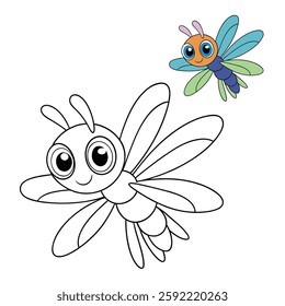 A cute cartoon dragonfly with big, sparkling eyes, a tiny smiling mouth, delicate translucent wings, and a round, colorful body, buzzing cheerfully through the air.