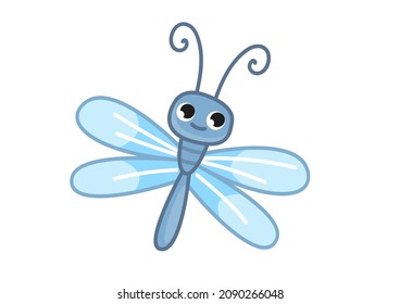 Cute cartoon dragonfly with blue wings. The moth flies and smiles. Small insect in motion. Cheerful insect. Colored flat vector illustration of a cute pet isolated on white background.