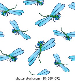 Cute cartoon dragonfly is flying. Seamless pattern.Illustration.Vector picture for children. Transparent wings.A beautiful insect.Print for kids.