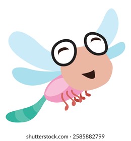 Cute Cartoon Dragonfly With Glasses. Vector Illustration