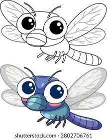 A cute cartoon dragonfly presented in both full color and black and white outline versions