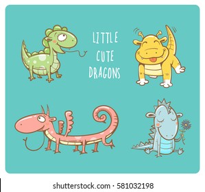 Cute cartoon dragons set. Four little colorful dinosaurs. Vector contour image. Funny animals. Children's illustration.