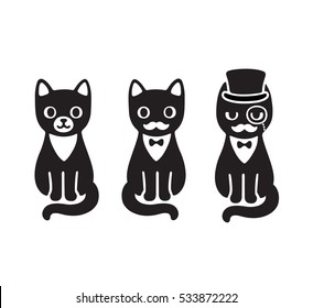 Dibujo de dibujos animados en blanco y negro de un gato esmoquin con bigote y sombrero. Gracioso caballero gato.