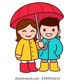 Cute cartoon drawing of boy and girl with umbrella. Two kawaii children in raincoats and rain boots. Isolated vector clip art illustration.