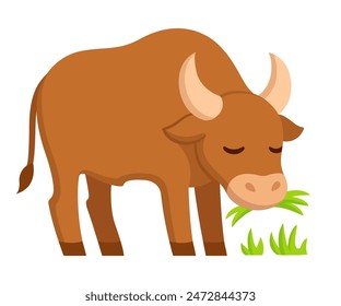 Cute cartoon drawing of brown ox or bull grazing. Vector clip art illustration.