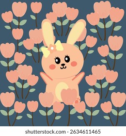 Cute cartoon drawing bunny and pink tulip flowers. cute cartoon for spring cards, wallpaper and background