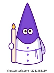 Cute cartoon drawing of Catholic penitent in Capirote hat during Semana Santa (Holy Week) celebration in Spain. Vector illustration.