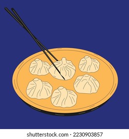 Cute cartoon drawing of dim sum doodle. Traditional Chinese dumplings. Illustration of the Kawaii Asian food vector.