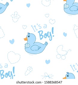 cute cartoon drawing duck, its a boy seamless pattern on white background with doodle elements for newborn, vector illustration for kids apparel, fabric, textile, nursery decoration, wrapping paper
