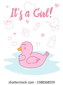 cute cartoon drawing duck, its a girl greeting card on white background with doodle elements for newborn, vector illustration for kids apparel, fabric, textile, nursery decoration, wrapping paper