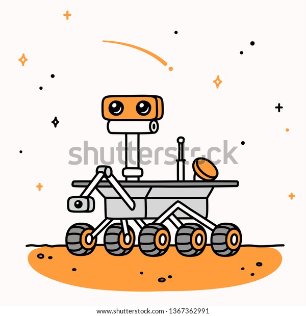 Cute cartoon drawing of Mars rover. Space\
exploration vector\
illustration.