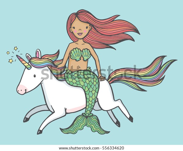 Cute\
cartoon drawing of a mermaid riding a\
unicorn